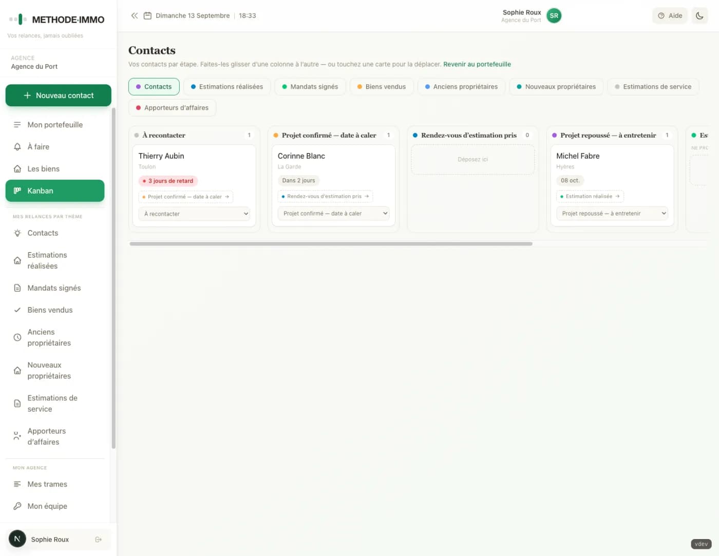 La vue Kanban : une colonne par étape de la trame, et les contacts qu’on fait glisser de l’une à l’autre.